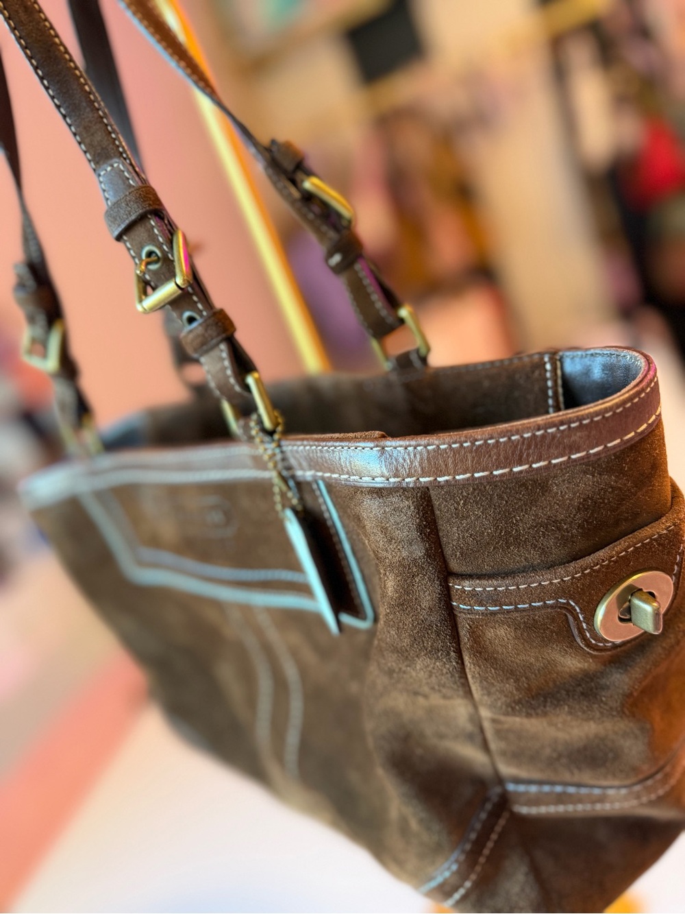 🤎 Vintage Coach Brown Suede Turnlock Tote Shoulder Bag Aqua Blue Lining Leather - Picture 8 of 17